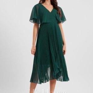 Semi-formal & Cocktail | A-line V-Neck Asymmetrical Chiffon Cocktail Dress With Pleated Emerald – Womens