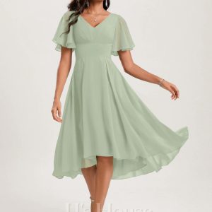 Semi-formal & Cocktail | A-line V-Neck Asymmetrical Chiffon Cocktail Dress With Ruffle Celadon – Womens