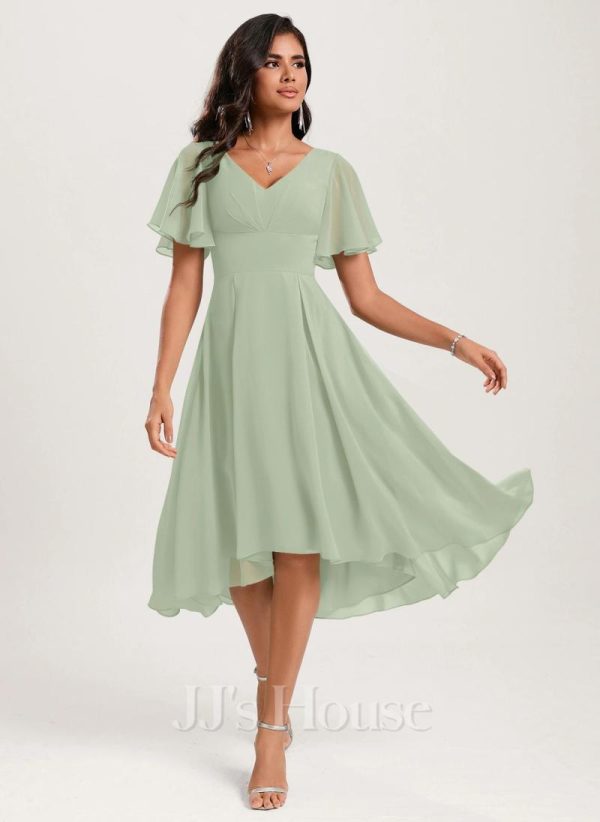 Semi-formal & Cocktail | A-line V-Neck Asymmetrical Chiffon Cocktail Dress With Ruffle Celadon – Womens