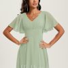 Semi-formal & Cocktail | A-line V-Neck Asymmetrical Chiffon Cocktail Dress With Ruffle Celadon – Womens