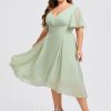 Semi-formal & Cocktail | A-line V-Neck Asymmetrical Chiffon Cocktail Dress With Ruffle Celadon – Womens