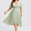 Semi-formal & Cocktail | A-line V-Neck Asymmetrical Chiffon Cocktail Dress With Ruffle Celadon – Womens