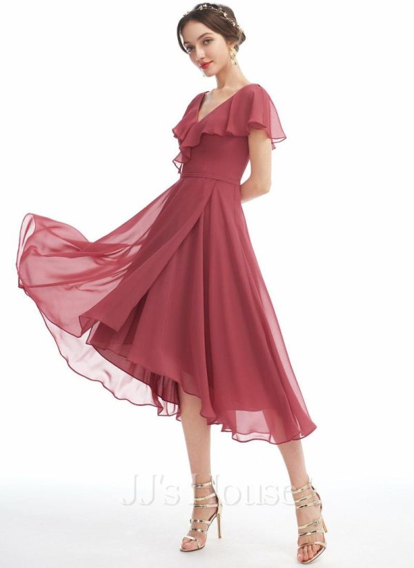 Semi-formal & Cocktail | A-line V-Neck Asymmetrical Chiffon Cocktail Dress With Ruffle Cinnamon Rose – Womens