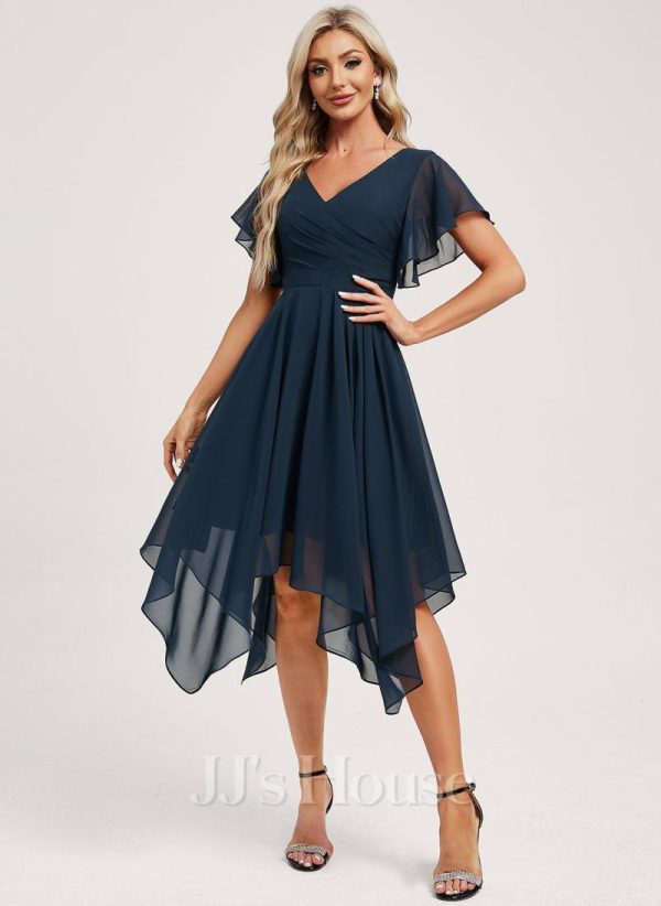 Semi-formal & Cocktail | A-line V-Neck Asymmetrical Chiffon Cocktail Dress With Ruffle Dark Navy – Womens