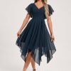 Semi-formal & Cocktail | A-line V-Neck Asymmetrical Chiffon Cocktail Dress With Ruffle Dark Navy – Womens