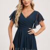 Semi-formal & Cocktail | A-line V-Neck Asymmetrical Chiffon Cocktail Dress With Ruffle Dark Navy – Womens