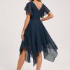 Semi-formal & Cocktail | A-line V-Neck Asymmetrical Chiffon Cocktail Dress With Ruffle Dark Navy – Womens