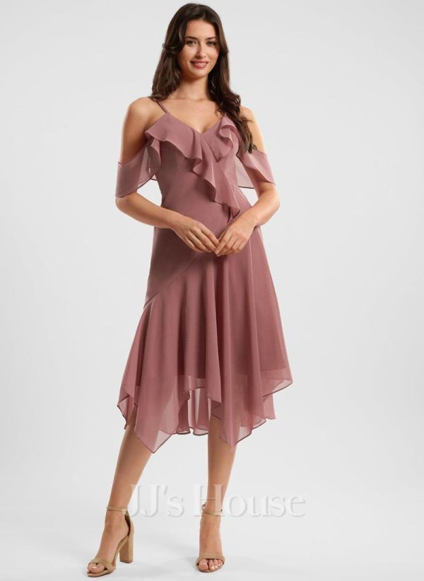 Semi-formal & Cocktail | A-line V-Neck Asymmetrical Chiffon Cocktail Dress With Ruffle Desert Rose – Womens