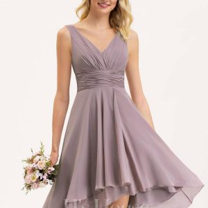 Semi-formal & Cocktail | A-line V-Neck Asymmetrical Chiffon Cocktail Dress With Ruffle Dusk – Womens