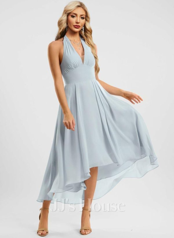 Semi-formal & Cocktail | A-line V-Neck Asymmetrical Chiffon Cocktail Dress With Ruffle Ice Blue – Womens