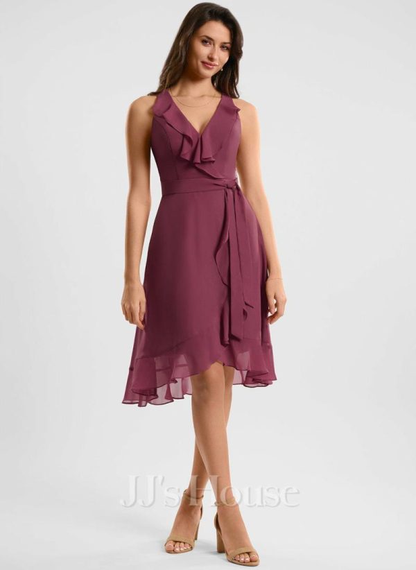 Semi-formal & Cocktail | A-line V-Neck Asymmetrical Chiffon Cocktail Dress With Ruffle Mulberry – Womens