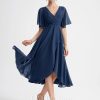 Semi-formal & Cocktail | A-line V-Neck Asymmetrical Chiffon Cocktail Dress With Ruffle Navy Blue – Womens