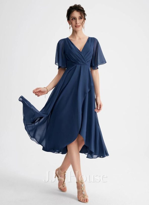 Semi-formal & Cocktail | A-line V-Neck Asymmetrical Chiffon Cocktail Dress With Ruffle Navy Blue – Womens