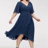 Semi-formal & Cocktail | A-line V-Neck Asymmetrical Chiffon Cocktail Dress With Ruffle Navy Blue – Womens