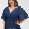 Semi-formal & Cocktail | A-line V-Neck Asymmetrical Chiffon Cocktail Dress With Ruffle Navy Blue – Womens