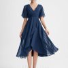 Semi-formal & Cocktail | A-line V-Neck Asymmetrical Chiffon Cocktail Dress With Ruffle Navy Blue – Womens