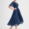 Semi-formal & Cocktail | A-line V-Neck Asymmetrical Chiffon Cocktail Dress With Ruffle Navy Blue – Womens