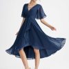 Semi-formal & Cocktail | A-line V-Neck Asymmetrical Chiffon Cocktail Dress With Ruffle Navy Blue – Womens