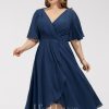 Semi-formal & Cocktail | A-line V-Neck Asymmetrical Chiffon Cocktail Dress With Ruffle Navy Blue – Womens