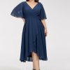 Semi-formal & Cocktail | A-line V-Neck Asymmetrical Chiffon Cocktail Dress With Ruffle Navy Blue – Womens