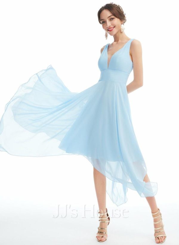 Semi-formal & Cocktail | A-line V-Neck Asymmetrical Chiffon Cocktail Dress With Ruffle Sky Blue – Womens