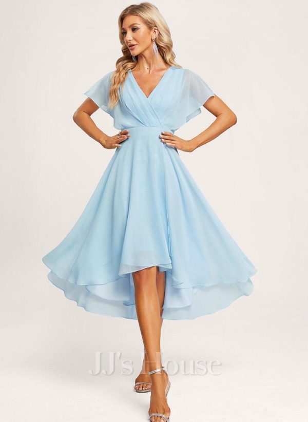 Semi-formal & Cocktail | A-line V-Neck Asymmetrical Chiffon Cocktail Dress With Ruffle Sky Blue – Womens