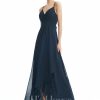 Semi-formal & Cocktail | A-line V-Neck Asymmetrical Lace Chiffon Cocktail Dress With Bow Dark Navy – Womens