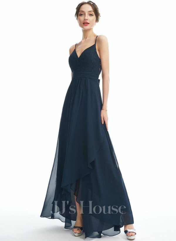 Semi-formal & Cocktail | A-line V-Neck Asymmetrical Lace Chiffon Cocktail Dress With Bow Dark Navy – Womens