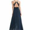 Semi-formal & Cocktail | A-line V-Neck Asymmetrical Lace Chiffon Cocktail Dress With Bow Dark Navy – Womens