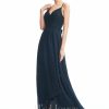 Semi-formal & Cocktail | A-line V-Neck Asymmetrical Lace Chiffon Cocktail Dress With Bow Dark Navy – Womens