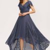 Semi-formal & Cocktail | A-line V-Neck Asymmetrical Lace Chiffon Cocktail Dress With Pleated Stormy – Womens