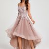 Semi-formal & Cocktail | A-line V-Neck Asymmetrical Lace Tulle Cocktail Dress With Flower As Picture – Womens