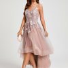 Semi-formal & Cocktail | A-line V-Neck Asymmetrical Lace Tulle Cocktail Dress With Flower As Picture – Womens