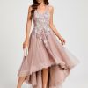 Semi-formal & Cocktail | A-line V-Neck Asymmetrical Lace Tulle Cocktail Dress With Flower As Picture – Womens