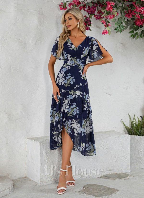 Semi-formal & Cocktail | A-line V-Neck Asymmetrical Tea-Length Chiffon Cocktail Dress With Ruffle Navy Blue – Womens