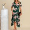 Semi-formal & Cocktail | A-line V-Neck Asymmetrical Tea-Length Chiffon Cocktail Dress With Ruffle Navy Blue – Womens