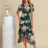 Semi-formal & Cocktail | A-line V-Neck Asymmetrical Tea-Length Chiffon Cocktail Dress With Ruffle Navy Blue – Womens