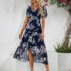 Semi-formal & Cocktail | A-line V-Neck Asymmetrical Tea-Length Chiffon Cocktail Dress With Ruffle Navy Blue – Womens