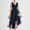 Semi-formal & Cocktail | A-line V-Neck Asymmetrical Tulle Cocktail Dress With Cascading Ruffles Pleated Dark Navy – Womens