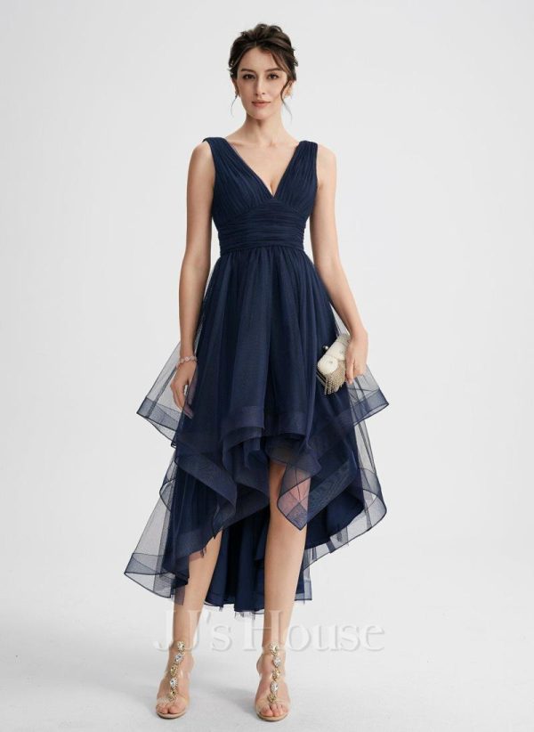 Semi-formal & Cocktail | A-line V-Neck Asymmetrical Tulle Cocktail Dress With Cascading Ruffles Pleated Dark Navy – Womens