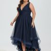 Semi-formal & Cocktail | A-line V-Neck Asymmetrical Tulle Cocktail Dress With Cascading Ruffles Pleated Dark Navy – Womens