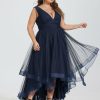 Semi-formal & Cocktail | A-line V-Neck Asymmetrical Tulle Cocktail Dress With Cascading Ruffles Pleated Dark Navy – Womens