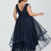 Semi-formal & Cocktail | A-line V-Neck Asymmetrical Tulle Cocktail Dress With Cascading Ruffles Pleated Dark Navy – Womens