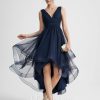 Semi-formal & Cocktail | A-line V-Neck Asymmetrical Tulle Cocktail Dress With Cascading Ruffles Pleated Dark Navy – Womens