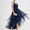 Semi-formal & Cocktail | A-line V-Neck Asymmetrical Tulle Cocktail Dress With Cascading Ruffles Pleated Dark Navy – Womens