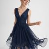 Semi-formal & Cocktail | A-line V-Neck Asymmetrical Tulle Cocktail Dress With Cascading Ruffles Pleated Dark Navy – Womens