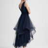 Semi-formal & Cocktail | A-line V-Neck Asymmetrical Tulle Cocktail Dress With Cascading Ruffles Pleated Dark Navy – Womens