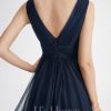 Semi-formal & Cocktail | A-line V-Neck Asymmetrical Tulle Cocktail Dress With Cascading Ruffles Pleated Dark Navy – Womens