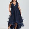 Semi-formal & Cocktail | A-line V-Neck Asymmetrical Tulle Cocktail Dress With Cascading Ruffles Pleated Dark Navy – Womens