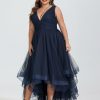 Semi-formal & Cocktail | A-line V-Neck Asymmetrical Tulle Cocktail Dress With Cascading Ruffles Pleated Dark Navy – Womens